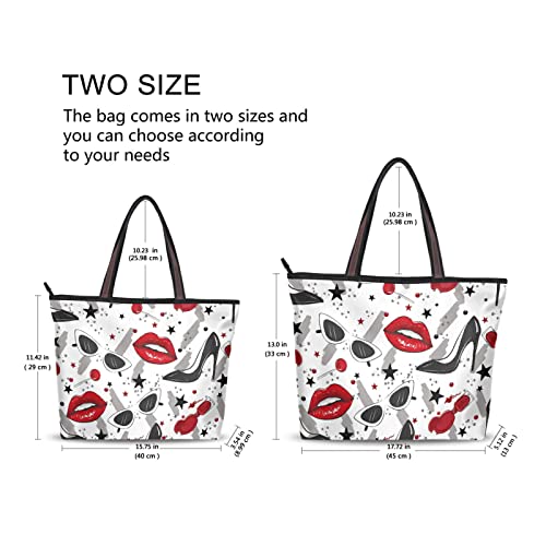 Tote Bag Aesthetic (Lips Heels), Large Capacity Zipper Women Grocery Bags Purse for Daily Life 2 Sizes