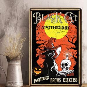 Vintage Wall Poster Metal Plaque Black Cat Apothecary Fine Potions & Elixirs Holiday Metal Tin Wall Art Rustic Fall Sign Creepy Gothic Halloween Xmas Home Bar Decor Farmhouse Home Decor 8x12 Inch