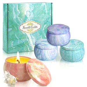 scented candles women gifts set: aromatherapy 4pack lemon lavender vanilla french freesia 100%soy natural wax 4.4 ounce travel tin fragrance relaxing stress relief aroma home yoga birthday mother