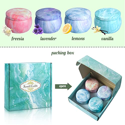 Scented Candles Women Gifts Set: Aromatherapy 4pack Lemon Lavender Vanilla French Freesia 100%Soy Natural Wax 4.4 Ounce Travel Tin Fragrance Relaxing Stress Relief Aroma Home Yoga Birthday Mother