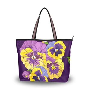 pansies florals tote bag aesthetic, large capacity zipper women grocery bags purse for daily life 2 sizes