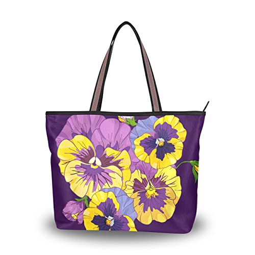 Pansies Florals Tote Bag Aesthetic, Large Capacity Zipper Women Grocery Bags Purse for Daily Life 2 Sizes