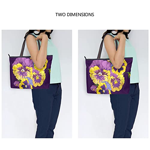 Pansies Florals Tote Bag Aesthetic, Large Capacity Zipper Women Grocery Bags Purse for Daily Life 2 Sizes