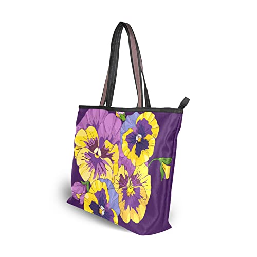 Pansies Florals Tote Bag Aesthetic, Large Capacity Zipper Women Grocery Bags Purse for Daily Life 2 Sizes