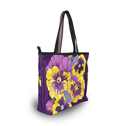 Pansies Florals Tote Bag Aesthetic, Large Capacity Zipper Women Grocery Bags Purse for Daily Life 2 Sizes