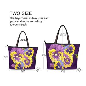 Pansies Florals Tote Bag Aesthetic, Large Capacity Zipper Women Grocery Bags Purse for Daily Life 2 Sizes