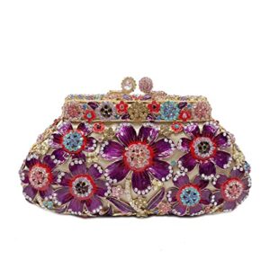 UMREN Women Vintage Flower Rhinestone Clutch Crystal Evening Bag Purse Wedding Cocktail Bag Purple