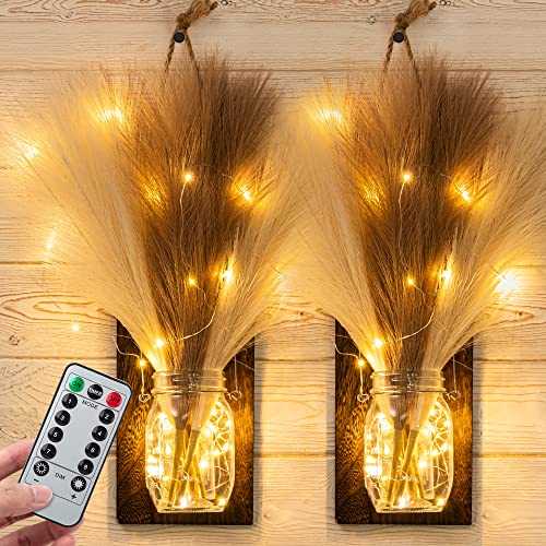 Mason Jar Wall Decor with LED Lights, JACKYLED Rustic Mason Jar Sconces with 12 PCS Faux Pampas Grass, Wall Art Decor for Boho Home Decor, Farmhouse, Bedroom, Kitchen, Living Room Hallway Decorative