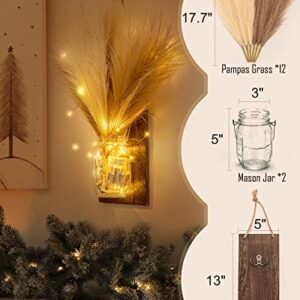 Mason Jar Wall Decor with LED Lights, JACKYLED Rustic Mason Jar Sconces with 12 PCS Faux Pampas Grass, Wall Art Decor for Boho Home Decor, Farmhouse, Bedroom, Kitchen, Living Room Hallway Decorative