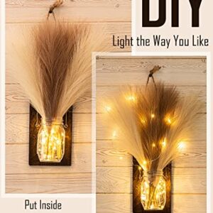 Mason Jar Wall Decor with LED Lights, JACKYLED Rustic Mason Jar Sconces with 12 PCS Faux Pampas Grass, Wall Art Decor for Boho Home Decor, Farmhouse, Bedroom, Kitchen, Living Room Hallway Decorative