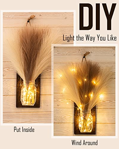 Mason Jar Wall Decor with LED Lights, JACKYLED Rustic Mason Jar Sconces with 12 PCS Faux Pampas Grass, Wall Art Decor for Boho Home Decor, Farmhouse, Bedroom, Kitchen, Living Room Hallway Decorative