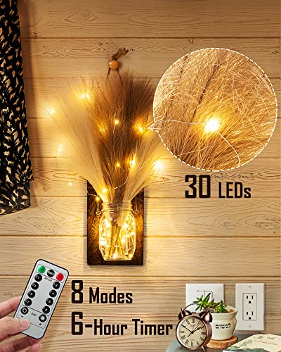 Mason Jar Wall Decor with LED Lights, JACKYLED Rustic Mason Jar Sconces with 12 PCS Faux Pampas Grass, Wall Art Decor for Boho Home Decor, Farmhouse, Bedroom, Kitchen, Living Room Hallway Decorative