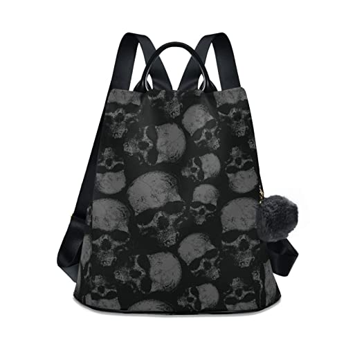 Casual Backpack (Grey Skulls) Print for Women, Fashion Anti Theft School Travel Backpack Purse 15 inch Full print Aesthetic with Fuzz Ball Key Chain, 13.4x5.9x15 inch