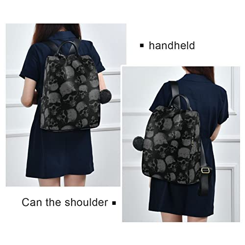 Casual Backpack (Grey Skulls) Print for Women, Fashion Anti Theft School Travel Backpack Purse 15 inch Full print Aesthetic with Fuzz Ball Key Chain, 13.4x5.9x15 inch