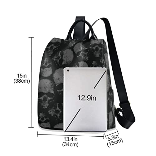 Casual Backpack (Grey Skulls) Print for Women, Fashion Anti Theft School Travel Backpack Purse 15 inch Full print Aesthetic with Fuzz Ball Key Chain, 13.4x5.9x15 inch