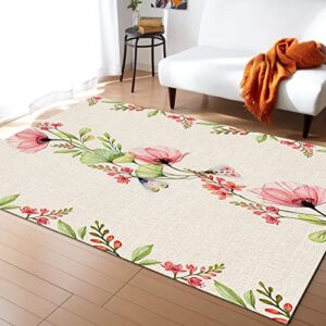 indoor area rug, red teal spring floral non slip carpet pad bathroom mat, rustic summer flowers burlap kitchen runner area rug for bedroom/living room/kids room 5’x7′