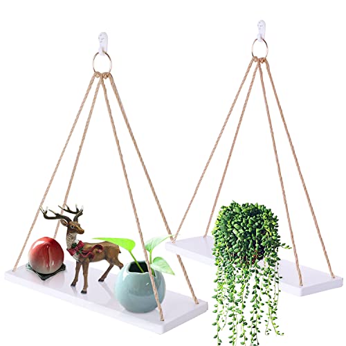 WoodLiving Hanging Shelves for Wall- Hanging Plant Shelf of 2 Set - Rope Floating Shelf Wall Decor Bedroom - ZS-2022-04021 wood-04021