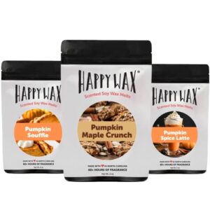 happy wax classic pumpkin collection scented natural soy wax melts – 6 total oz. of scented wax melts, collection includes 2oz pumpkin souffle, 2oz pumpkin maple crunch, and 2oz pumpkin spice latte