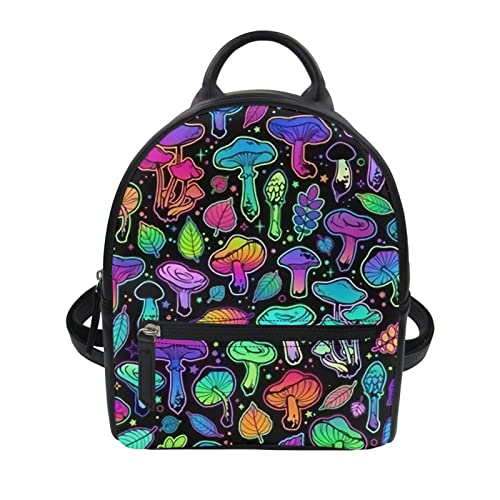 Freewander Cartoon Printed Pu Leather Mini Backpack, Ladies Kids Casual Outdoor Shoulder Strap Small Backpack, Adjustable Shoulder Straps, Cute Cartoon Colorful Mushroom Print