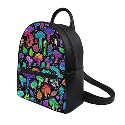 Freewander Cartoon Printed Pu Leather Mini Backpack, Ladies Kids Casual Outdoor Shoulder Strap Small Backpack, Adjustable Shoulder Straps, Cute Cartoon Colorful Mushroom Print