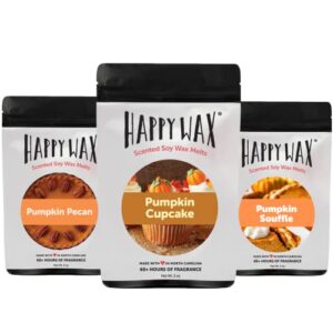 happy wax baked pumpkin collection scented natural soy wax melts – 6 total oz. of scented wax melts, collection includes 2oz pumpkin pecan, 2oz pumpkin cupcake, and 2oz pumpkin souffle