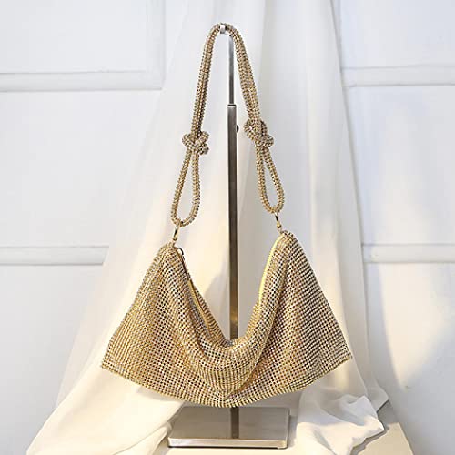 Rhinestone Hobo Bag for Women Knotted Evening Handbag Shiny Purse Sparkly Clutch Tote Dumpling Bag for Party Wedding Club (Gold)