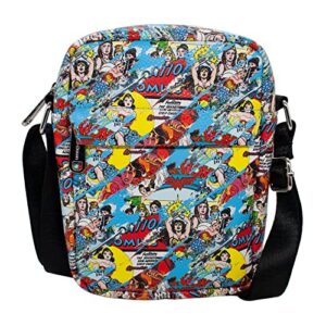 buckle down dc bag, cross body, wonder woman comics scenes through the years stacked, vegan leather