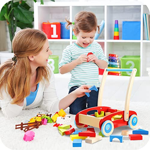 Pitpat Wooden Baby Walker with Building Blocks for 1 Year Old and up, Wooden Push Toy for 12 Month, Wooden Cart with Blocks(35 PCs)