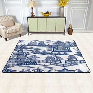 blue ancient china chinoiserie large area rug runner floor mat carpet for entrance way doorway living room bedroom kitchen office 36″x24″