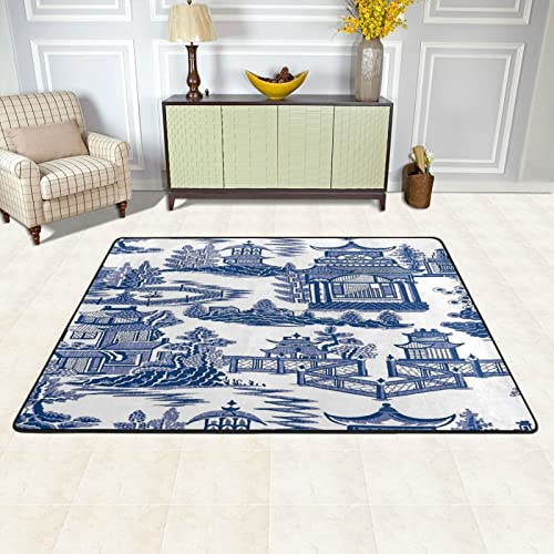 Blue Ancient China Chinoiserie Large Area Rug Runner Floor Mat Carpet for Entrance Way Doorway Living Room Bedroom Kitchen Office 36"x24"