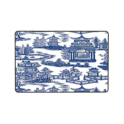 Blue Ancient China Chinoiserie Large Area Rug Runner Floor Mat Carpet for Entrance Way Doorway Living Room Bedroom Kitchen Office 36"x24"