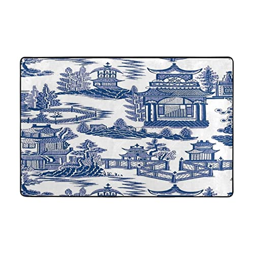 Blue Ancient China Chinoiserie Large Area Rug Runner Floor Mat Carpet for Entrance Way Doorway Living Room Bedroom Kitchen Office 36"x24"