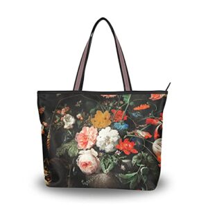 bouquet vintage tote bag aesthetic, large capacity zipper women grocery bags purse for daily life 2 sizes