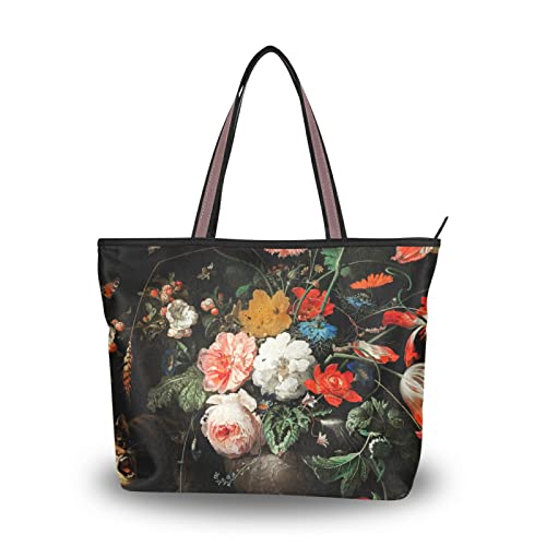 Bouquet Vintage Tote Bag Aesthetic, Large Capacity Zipper Women Grocery Bags Purse for Daily Life 2 Sizes