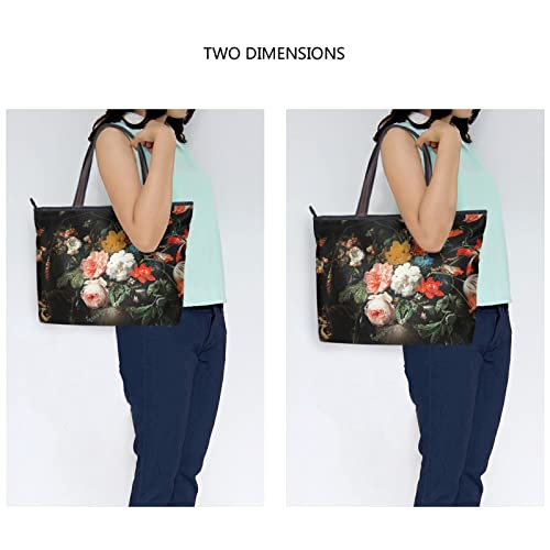 Bouquet Vintage Tote Bag Aesthetic, Large Capacity Zipper Women Grocery Bags Purse for Daily Life 2 Sizes