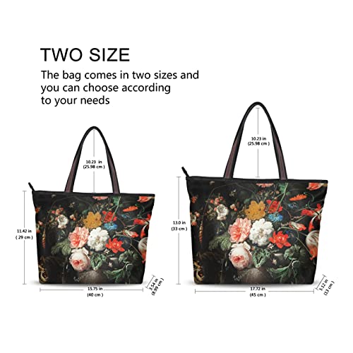 Bouquet Vintage Tote Bag Aesthetic, Large Capacity Zipper Women Grocery Bags Purse for Daily Life 2 Sizes