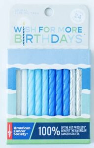 wish for more birthdays – 24-pack of birthday candles – tall, spiral cake decorations to benefit the american cancer society – blue, silver and white