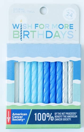 Wish for More Birthdays - 24-Pack of Birthday Candles - Tall, Spiral Cake Decorations to Benefit The American Cancer Society - Blue, Silver and White