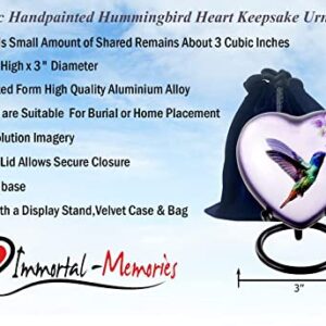 Hummingbird Heart Keepsake Urn, Hummingbird Mini Heart Urn for Ashes, Hand Painted Sharing Heart Urn with Stand, Velvet Case & Bag (Heart Keepsake)