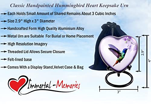 Hummingbird Heart Keepsake Urn, Hummingbird Mini Heart Urn for Ashes, Hand Painted Sharing Heart Urn with Stand, Velvet Case & Bag (Heart Keepsake)