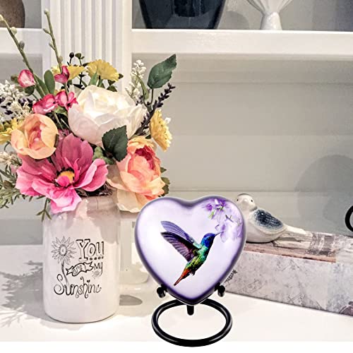 Hummingbird Heart Keepsake Urn, Hummingbird Mini Heart Urn for Ashes, Hand Painted Sharing Heart Urn with Stand, Velvet Case & Bag (Heart Keepsake)