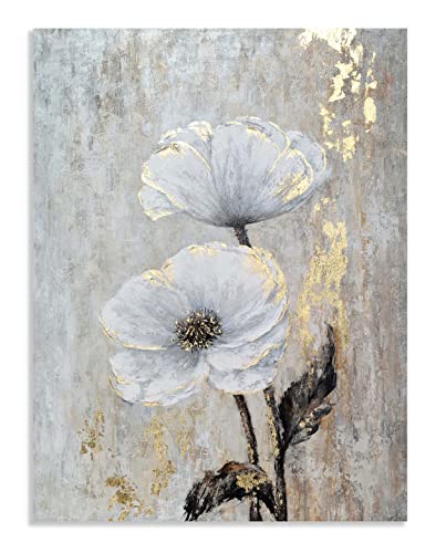 MYBEAUTYWALLA Vertical Flower Oil Painting - Hand Painted Abstract Floral Artwork with Gold Foil - Modern Still Life Pictures for Living Room Hallway Farmhouse Decor