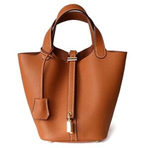 leather tote bag bucket bag ladies large capacity bag shopping vegetable basket leather tote bag, brown, 14*18*19cm