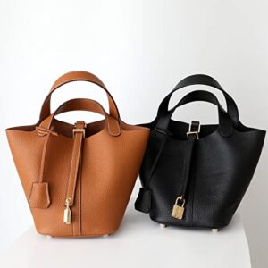 Leather Tote Bag Bucket Bag Ladies Large Capacity Bag Shopping Vegetable Basket Leather Tote Bag, Brown, 14*18*19cm