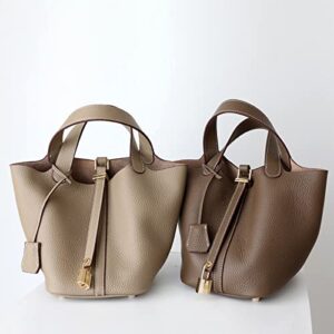 Leather Tote Bag Bucket Bag Ladies Large Capacity Bag Shopping Vegetable Basket Leather Tote Bag, Brown, 14*18*19cm