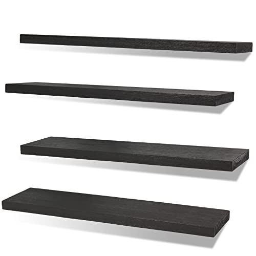 IKJZIZP Rustic Farmhouse Floating Shelves Wood Wall Shelves for Bedroom/Bathroom/Kitchen/Living Room Decor Storage - 24 Inch Black Set of 4