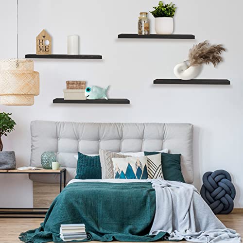 IKJZIZP Rustic Farmhouse Floating Shelves Wood Wall Shelves for Bedroom/Bathroom/Kitchen/Living Room Decor Storage - 24 Inch Black Set of 4