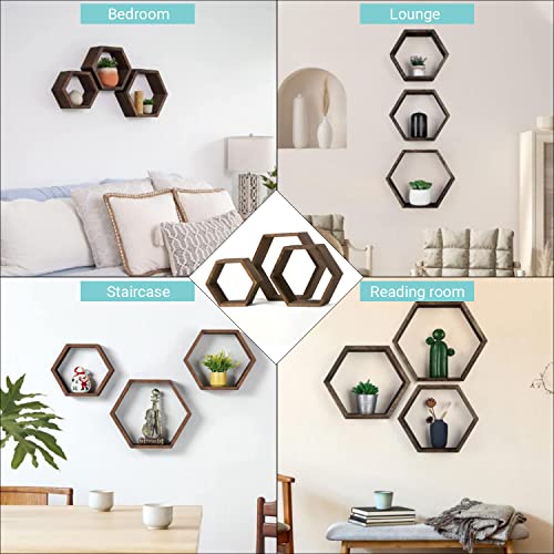 Wooden Hexagon Floating Shelves, Set of 3 Large Wall Mounted Shelf for Home, Room, Kitchen Or Office Decor, Geometric Hexagonal Rustic Farmhouse Natural Wood