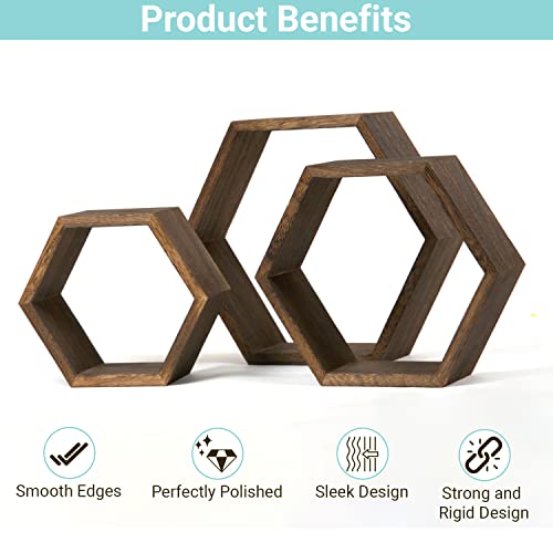 Wooden Hexagon Floating Shelves, Set of 3 Large Wall Mounted Shelf for Home, Room, Kitchen Or Office Decor, Geometric Hexagonal Rustic Farmhouse Natural Wood