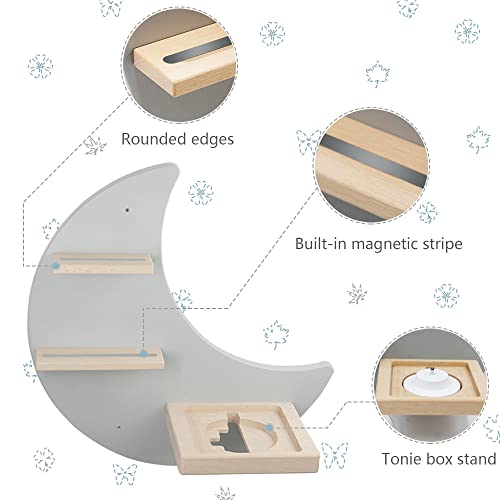 Floating Shelf Wall Mounted Set of 4 (Moon and 3 Stars) for Toniebox Starter Set, Tonie Figures - Magnetic Wooden Shelves Compatible with Toniebox Player Audio Character for Children Baby's Room